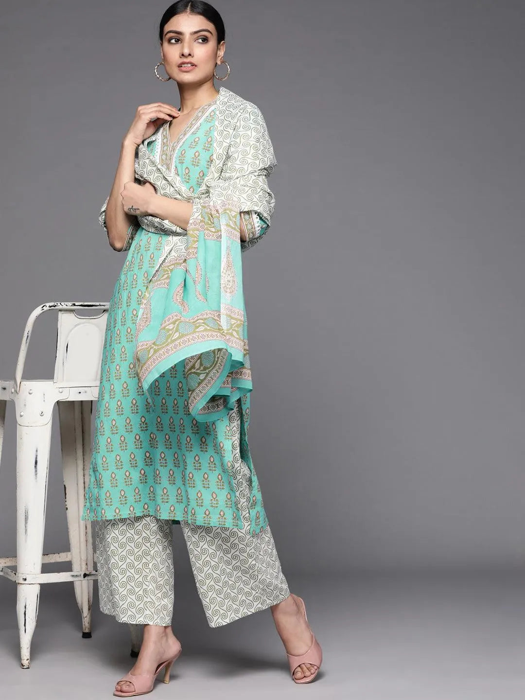 Sea Green Printed Cotton Suit Set - Libas 