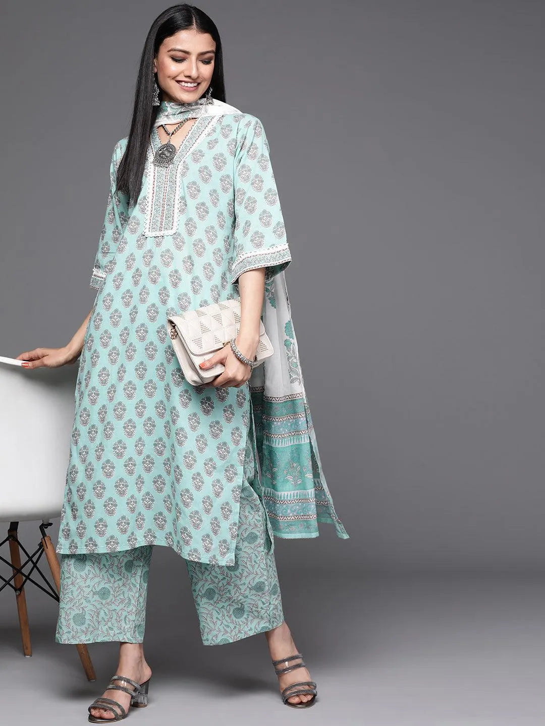 Sea Green Printed Cotton Suit Set - Libas 