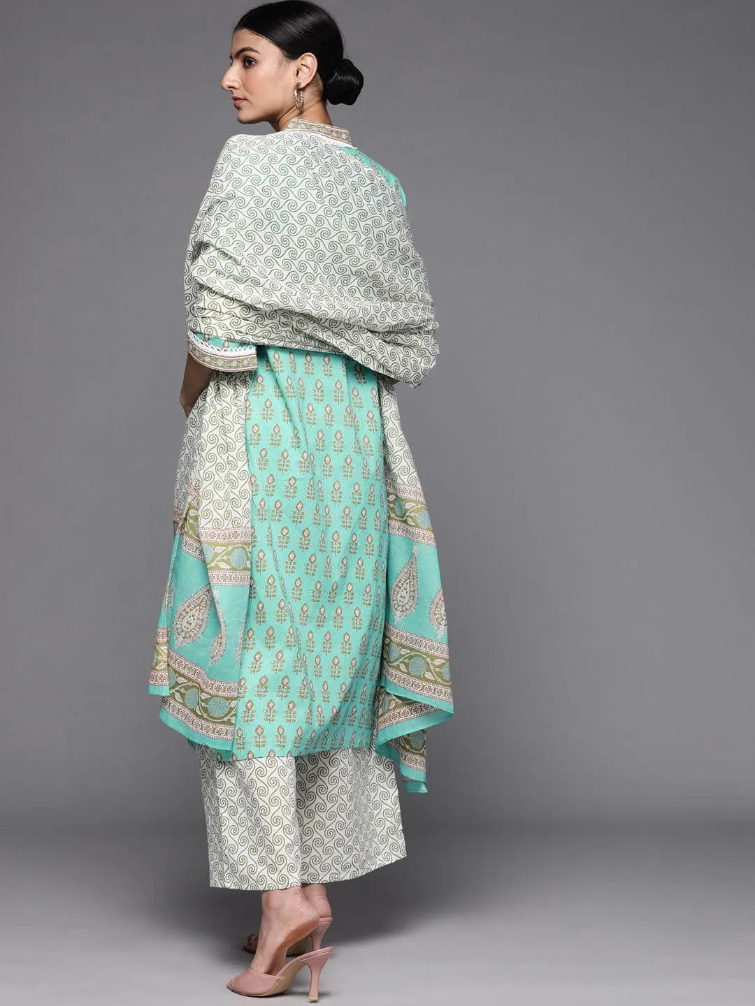 Sea Green Printed Cotton Suit Set - Libas 