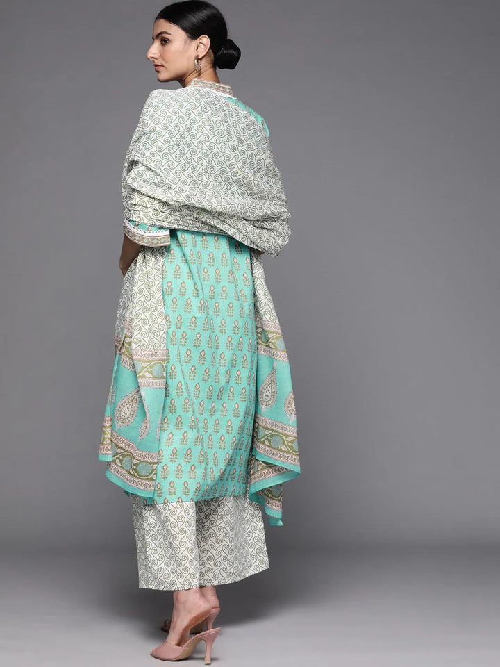 Sea Green Printed Cotton Suit Set - Libas