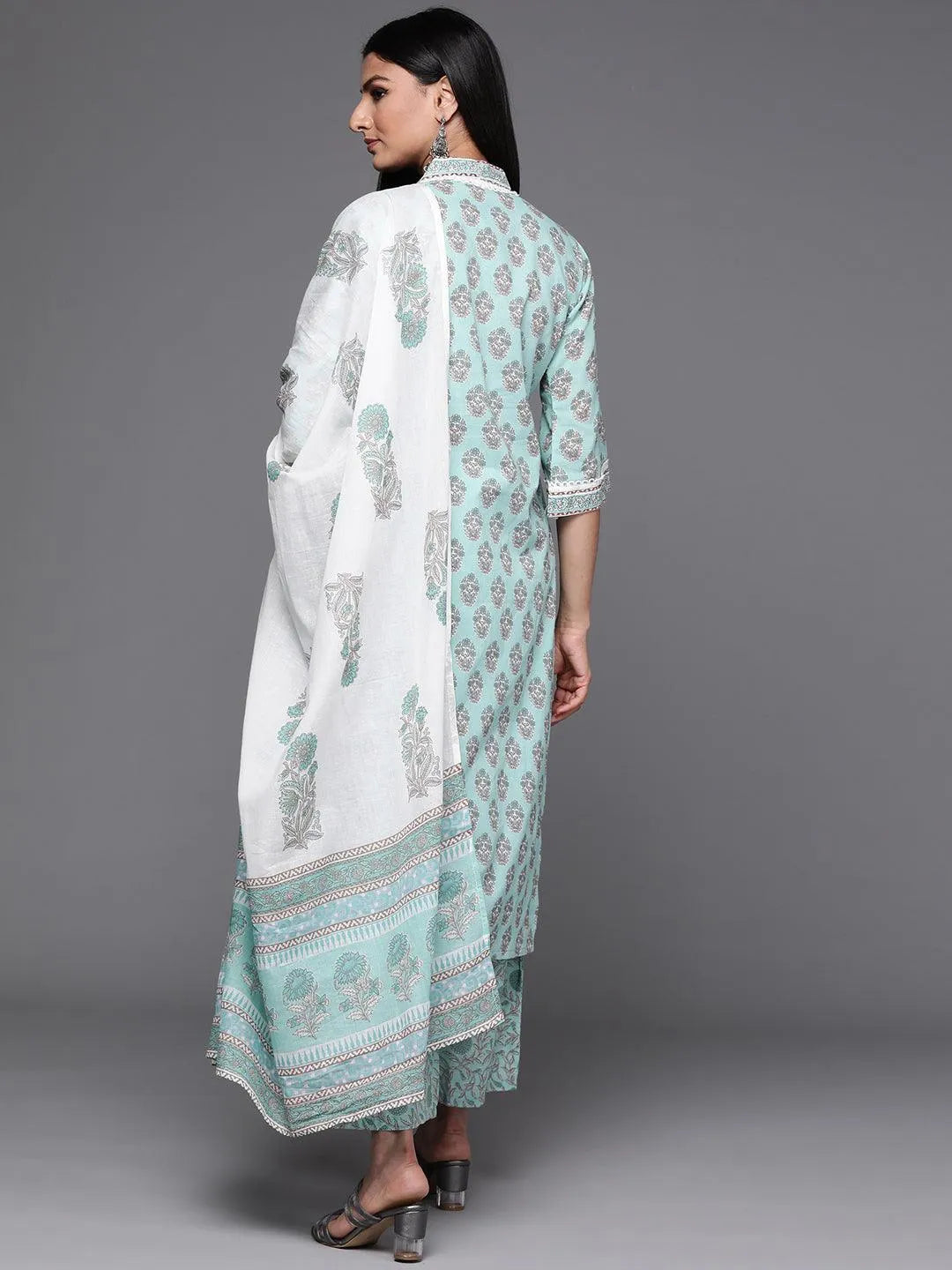 Sea Green Printed Cotton Suit Set - Libas 