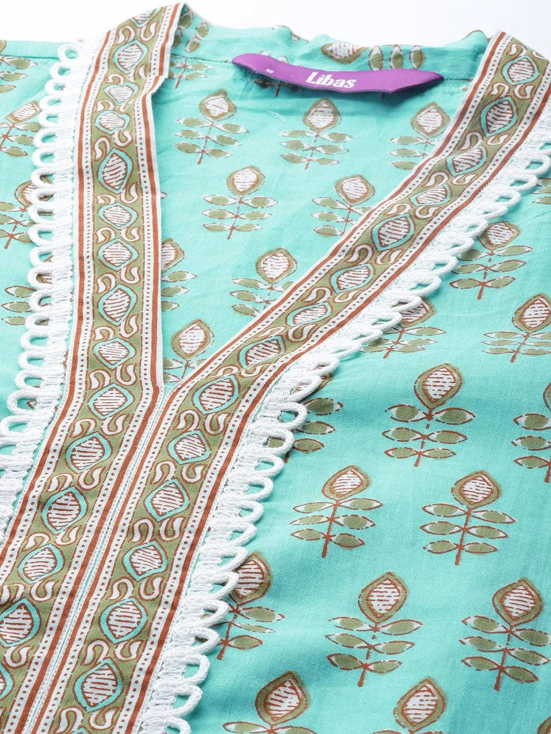 Sea Green Printed Cotton Suit Set - Libas