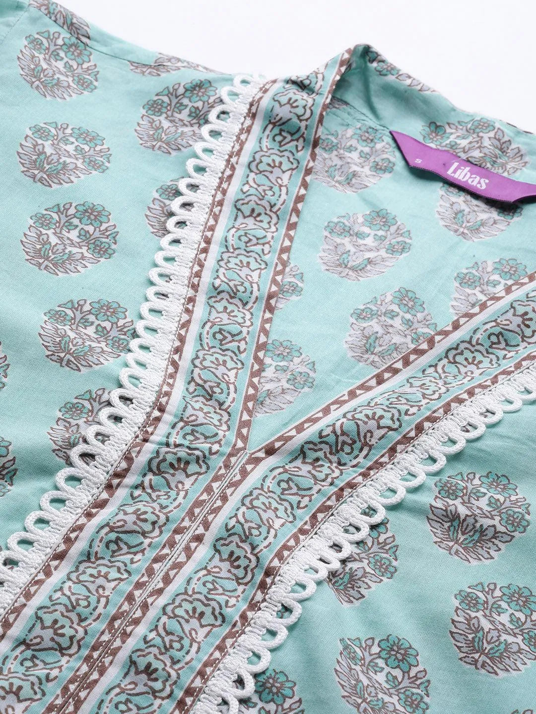 Sea Green Printed Cotton Suit Set - Libas 