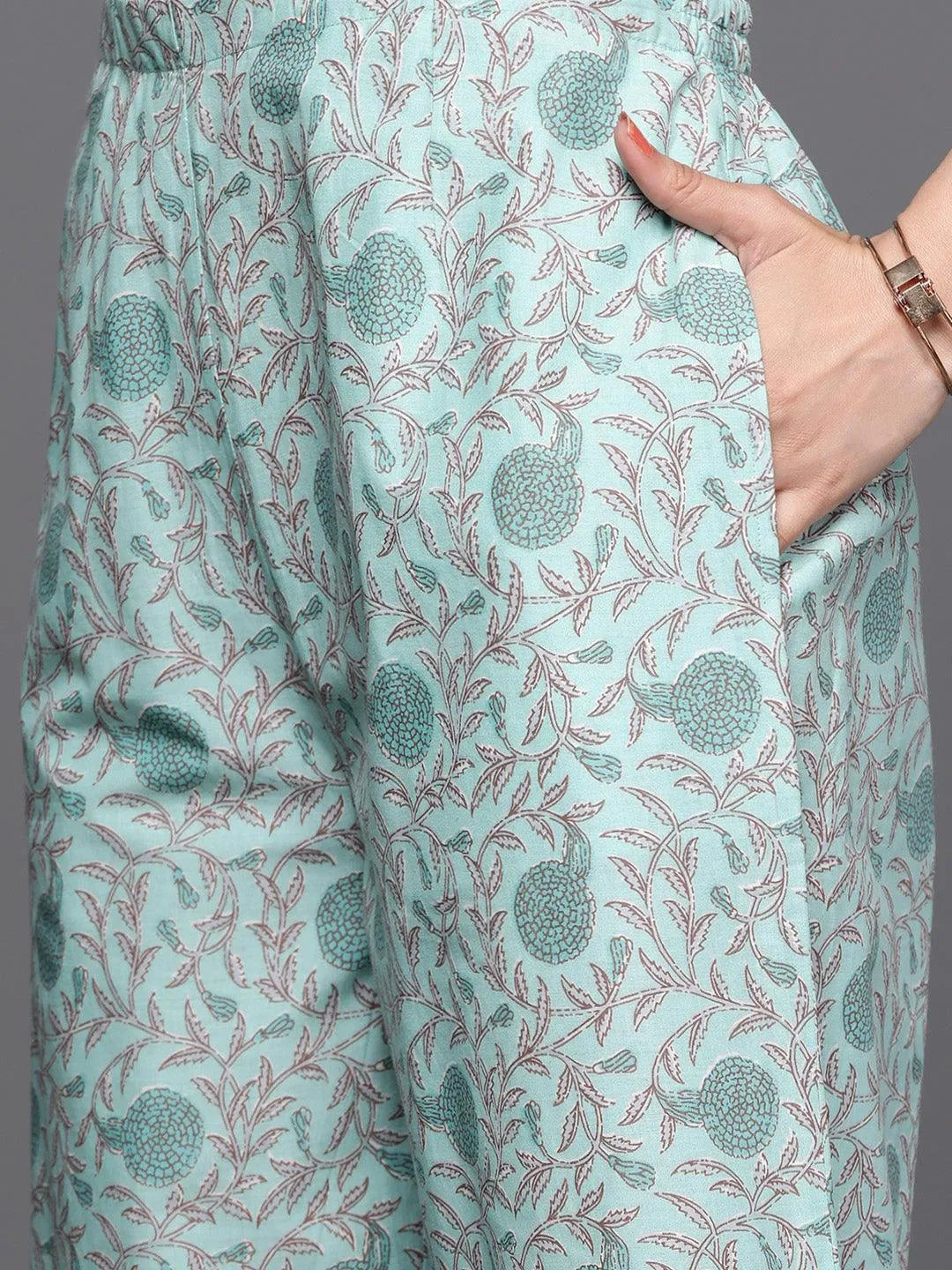 Sea Green Printed Cotton Suit Set - Libas 