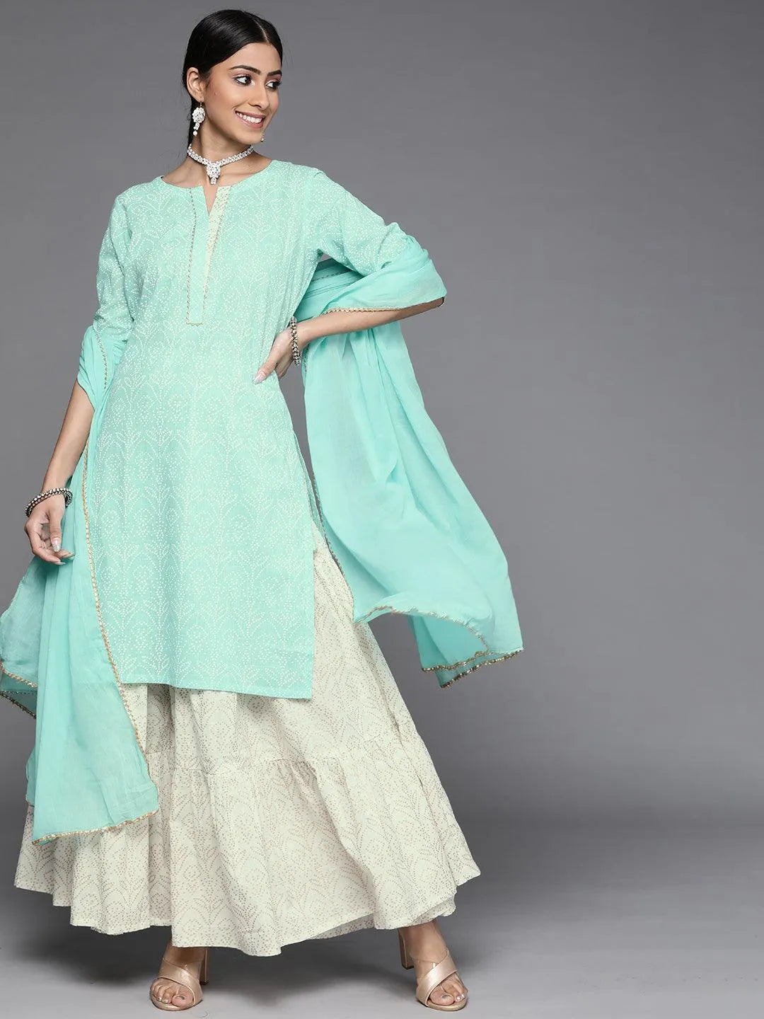 Sea Green Printed Cotton Suit Set - Libas 