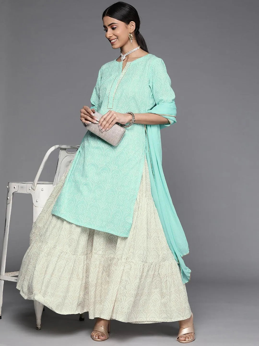 Sea Green Printed Cotton Suit Set - Libas 