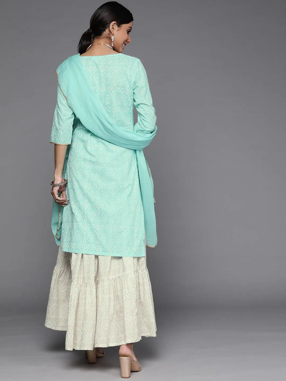 Sea Green Printed Cotton Suit Set - Libas 