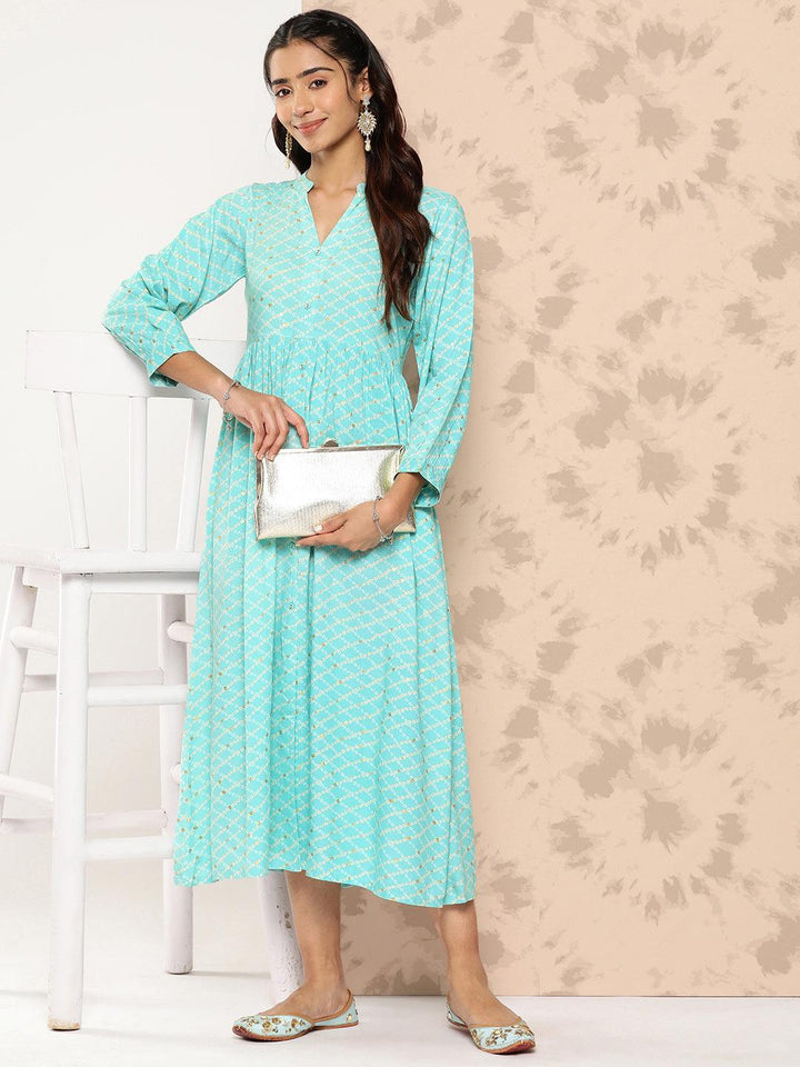 Sea Green Printed Rayon Fit and Flare Dress - Libas