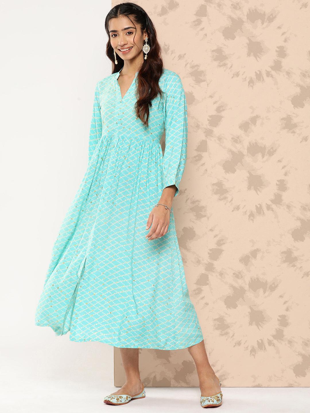 Sea Green Printed Rayon Fit and Flare Dress - Libas 