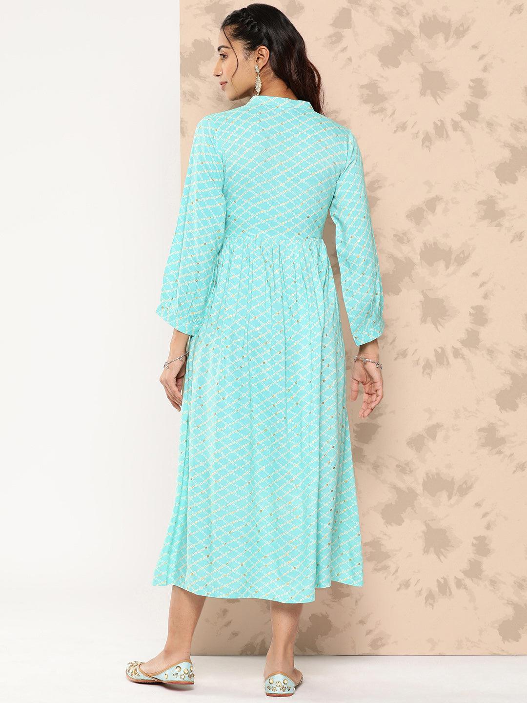 Sea Green Printed Rayon Fit and Flare Dress - Libas 