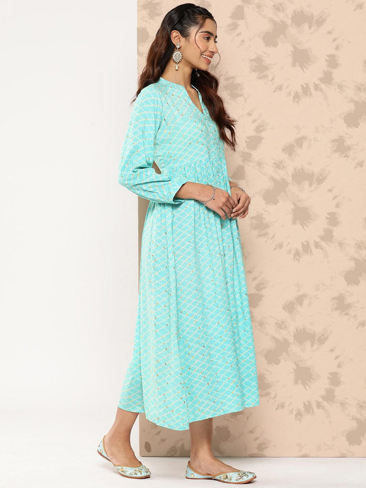 Sea Green Printed Rayon Fit and Flare Dress - Libas