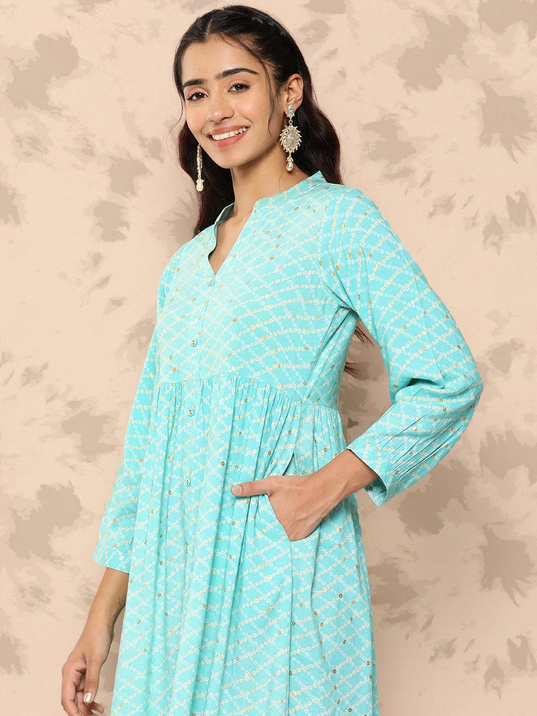 Sea Green Printed Rayon Fit and Flare Dress - Libas 