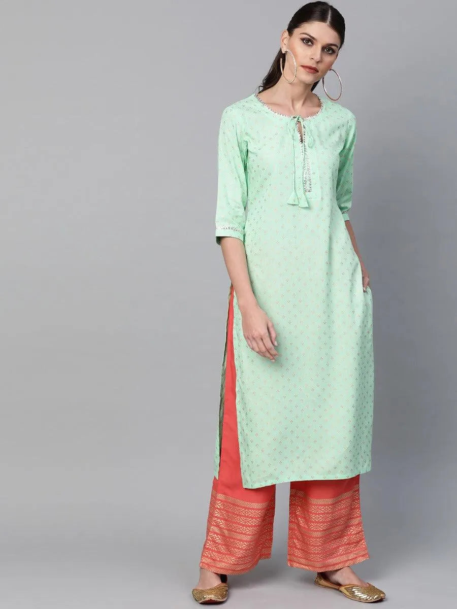 Sea Green Printed Rayon Kurta Set - Libas