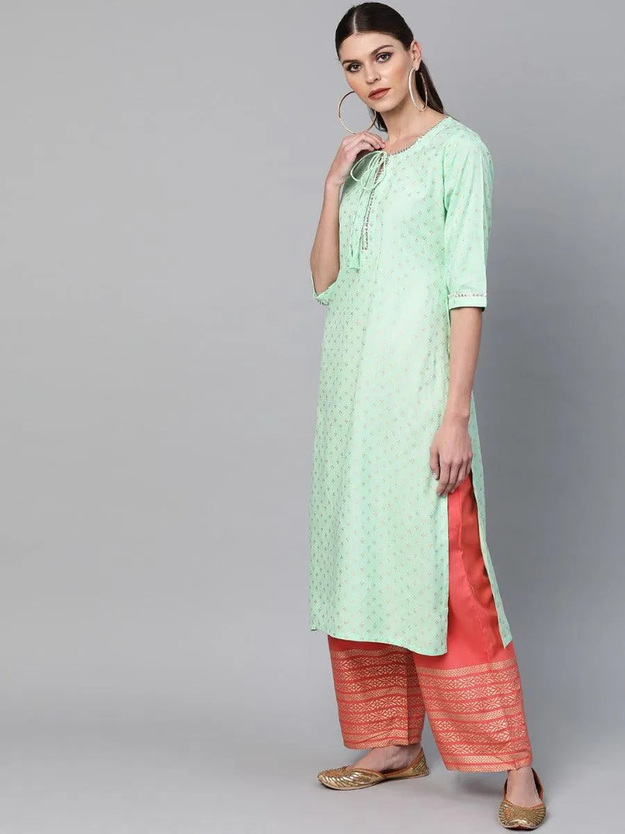 Sea Green Printed Rayon Kurta Set - Libas