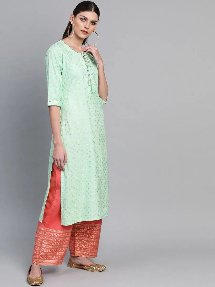 Sea Green Printed Rayon Kurta Set - Libas 