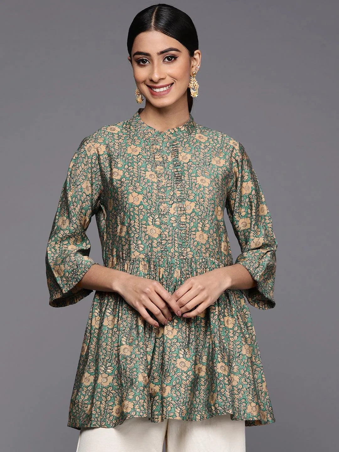 Sea Green Printed Silk Blend A-Line Kurti - Libas 