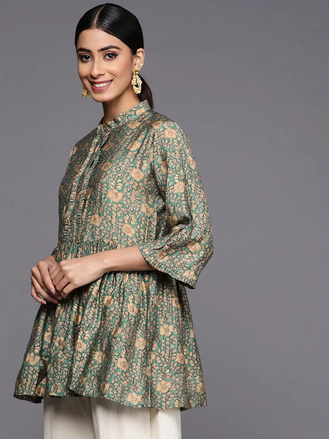 Sea Green Printed Silk Blend A-Line Kurti - Libas