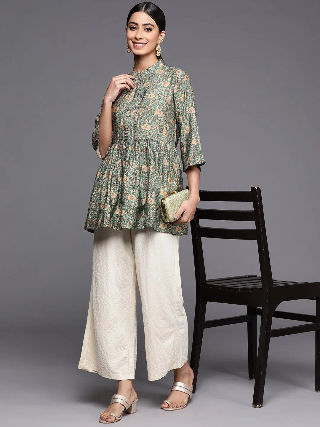 Sea Green Printed Silk Blend A-Line Kurti - Libas