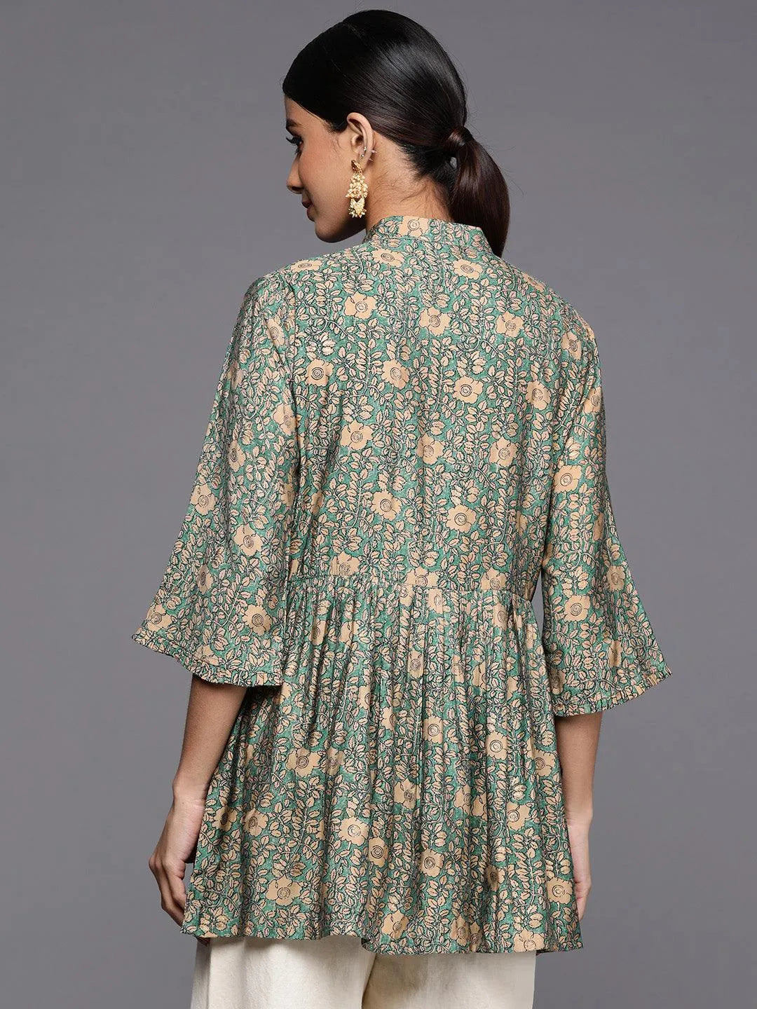 Sea Green Printed Silk Blend A-Line Kurti - Libas 