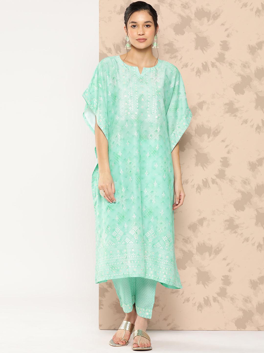 Sea Green Printed Silk Blend Kaftan Kurta With Trousers - Libas