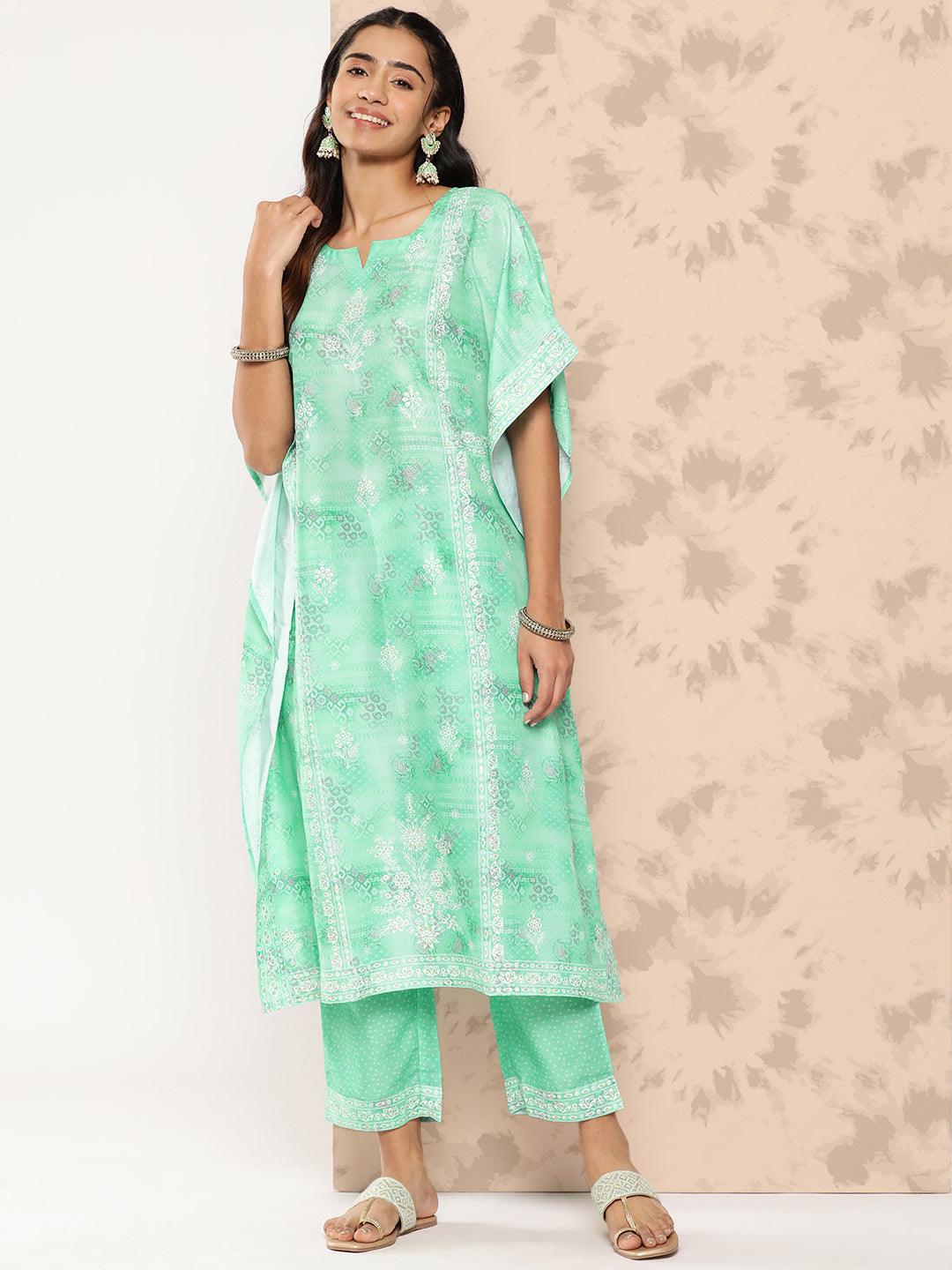 Sea Green Printed Silk Blend Kaftan Kurta With Trousers - Libas 