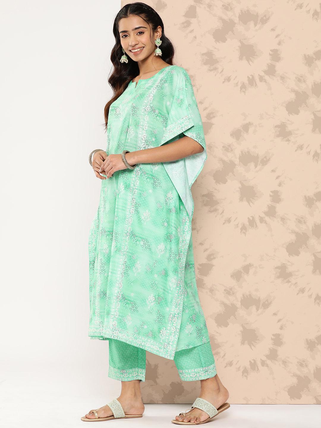 Sea Green Printed Silk Blend Kaftan Kurta With Trousers - Libas 