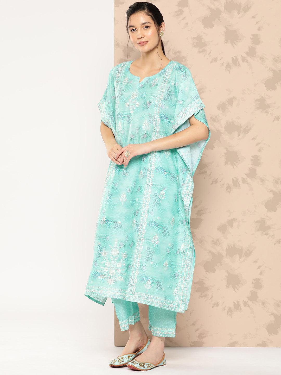 Sea Green Printed Silk Blend Kaftan Kurta With Trousers - Libas 