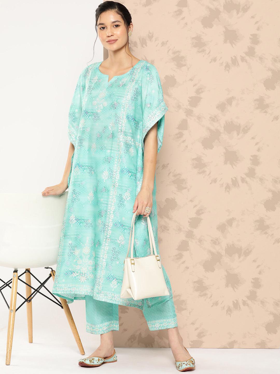 Sea Green Printed Silk Blend Kaftan Kurta With Trousers - Libas