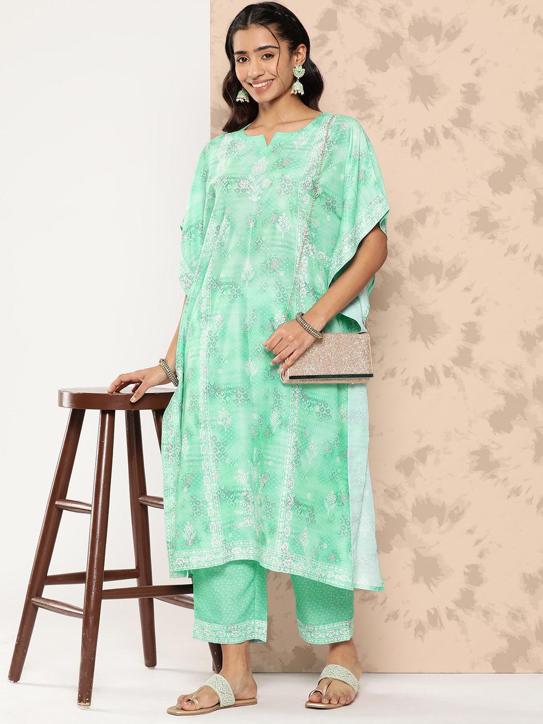 Sea Green Printed Silk Blend Kaftan Kurta With Trousers - Libas 