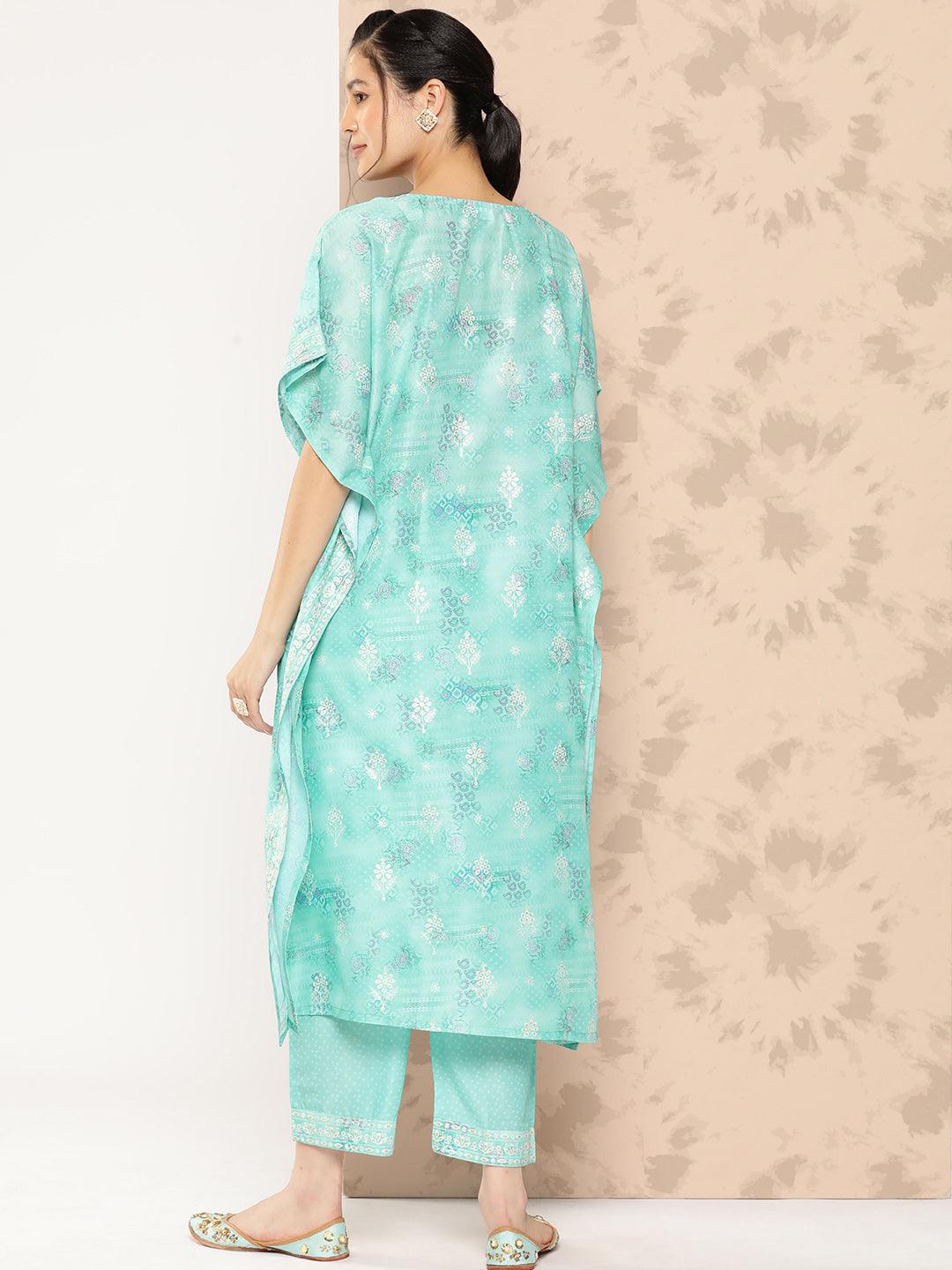 Sea Green Printed Silk Blend Kaftan Kurta With Trousers - Libas 