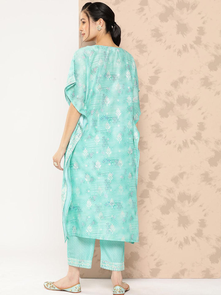 Sea Green Printed Silk Blend Kaftan Kurta With Trousers - Libas