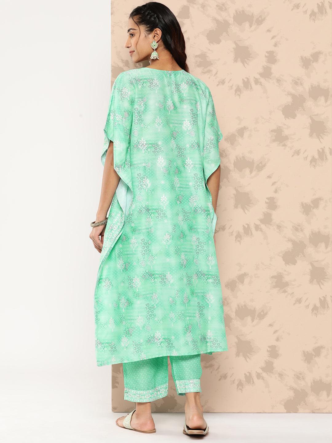 Sea Green Printed Silk Blend Kaftan Kurta With Trousers - Libas