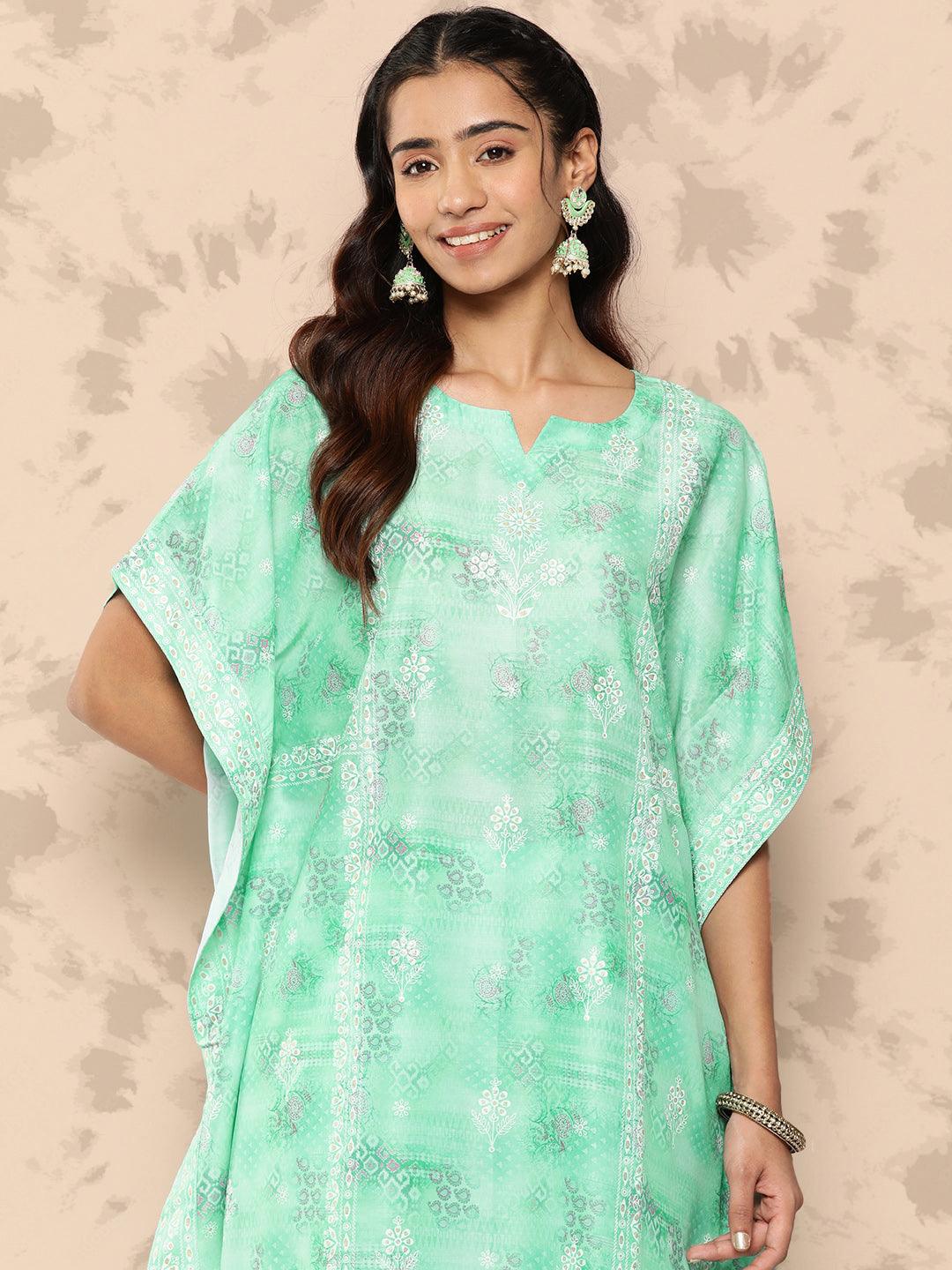 Sea Green Printed Silk Blend Kaftan Kurta With Trousers - Libas 