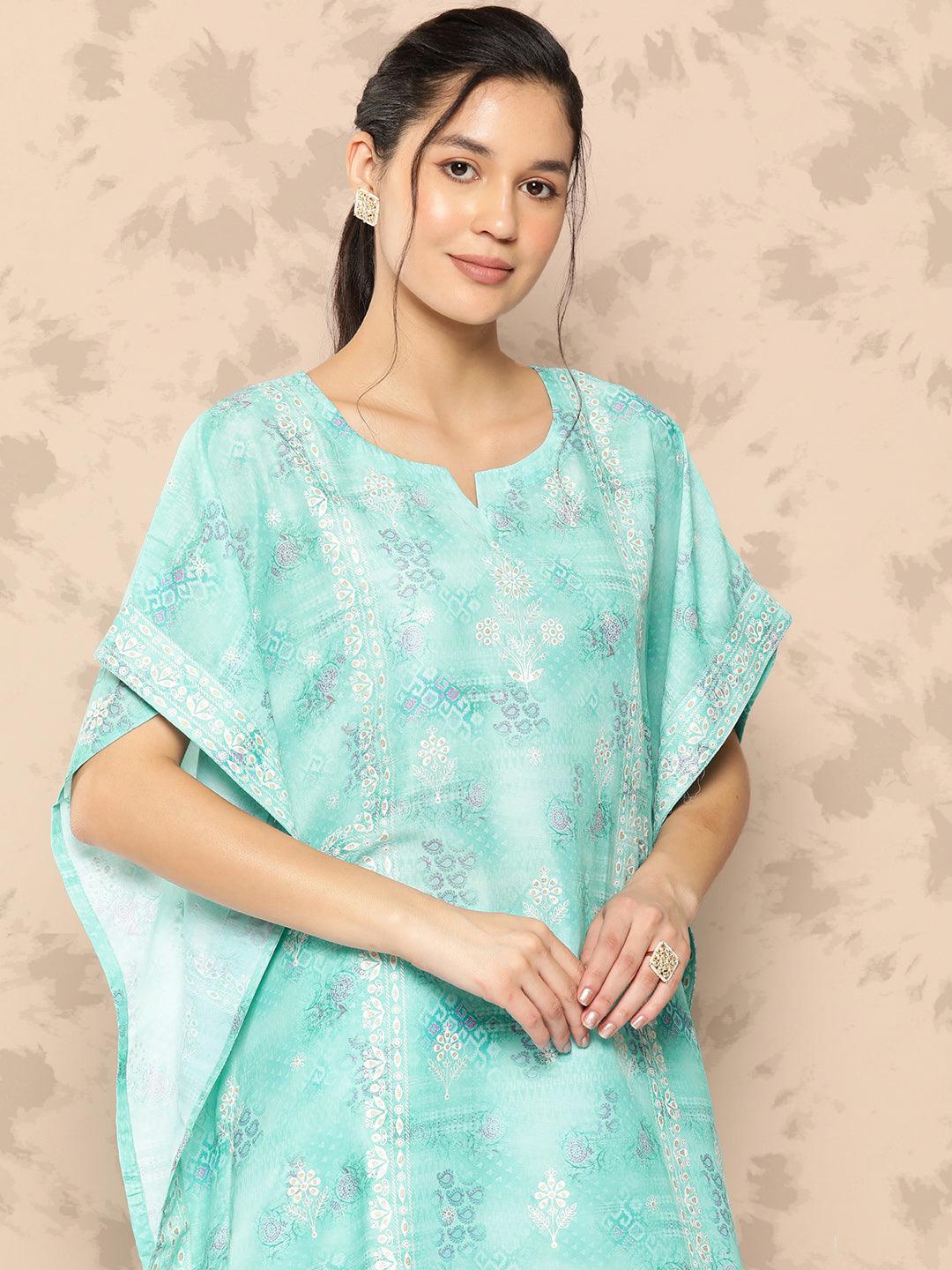 Sea Green Printed Silk Blend Kaftan Kurta With Trousers - Libas 