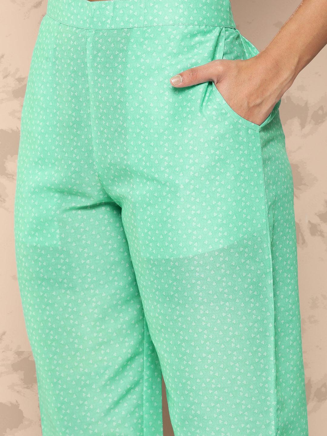 Sea Green Printed Silk Blend Kaftan Kurta With Trousers - Libas