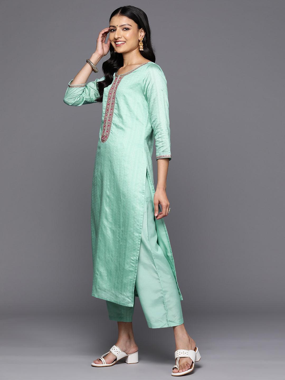 Sea Green Self Design Rayon Straight Kurta With Trousers & Dupatta - Libas