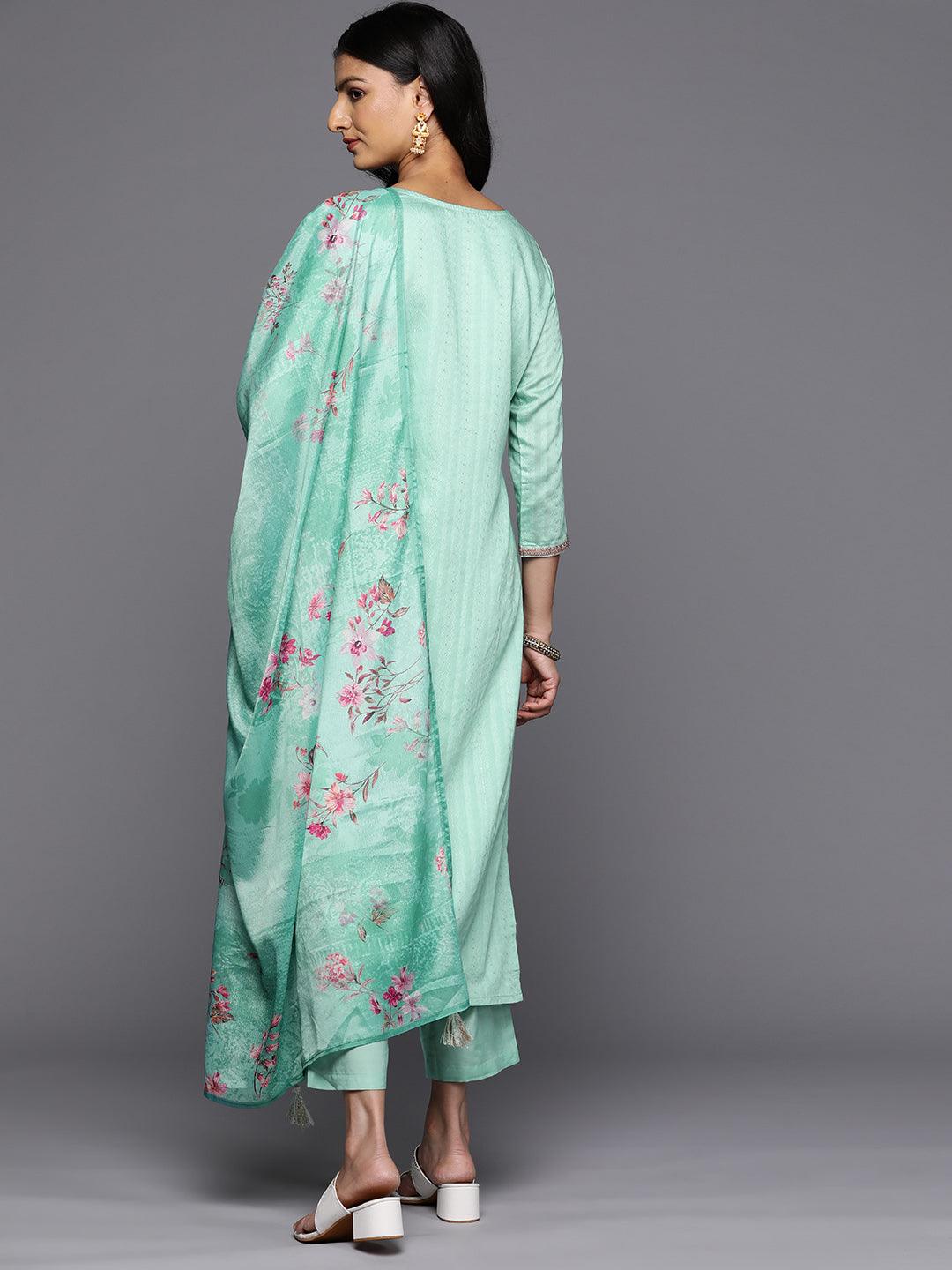 Sea Green Self Design Rayon Straight Kurta With Trousers & Dupatta - Libas