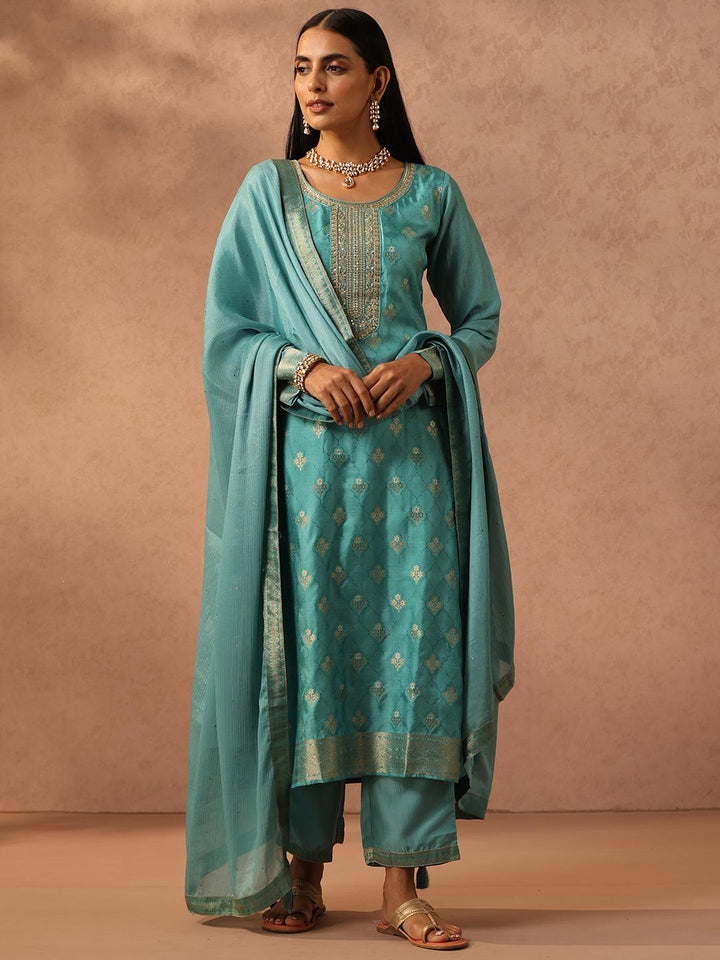 Sea Green Self Design Silk Blend Straight Suit Set With Trousers - Libas