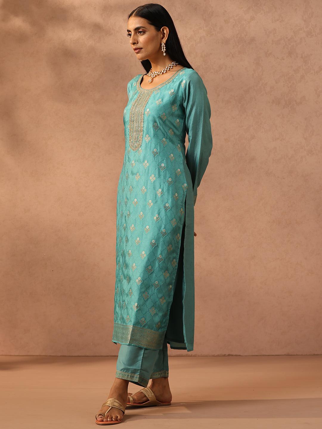 Sea Green Self Design Silk Blend Straight Suit Set With Trousers - Libas 