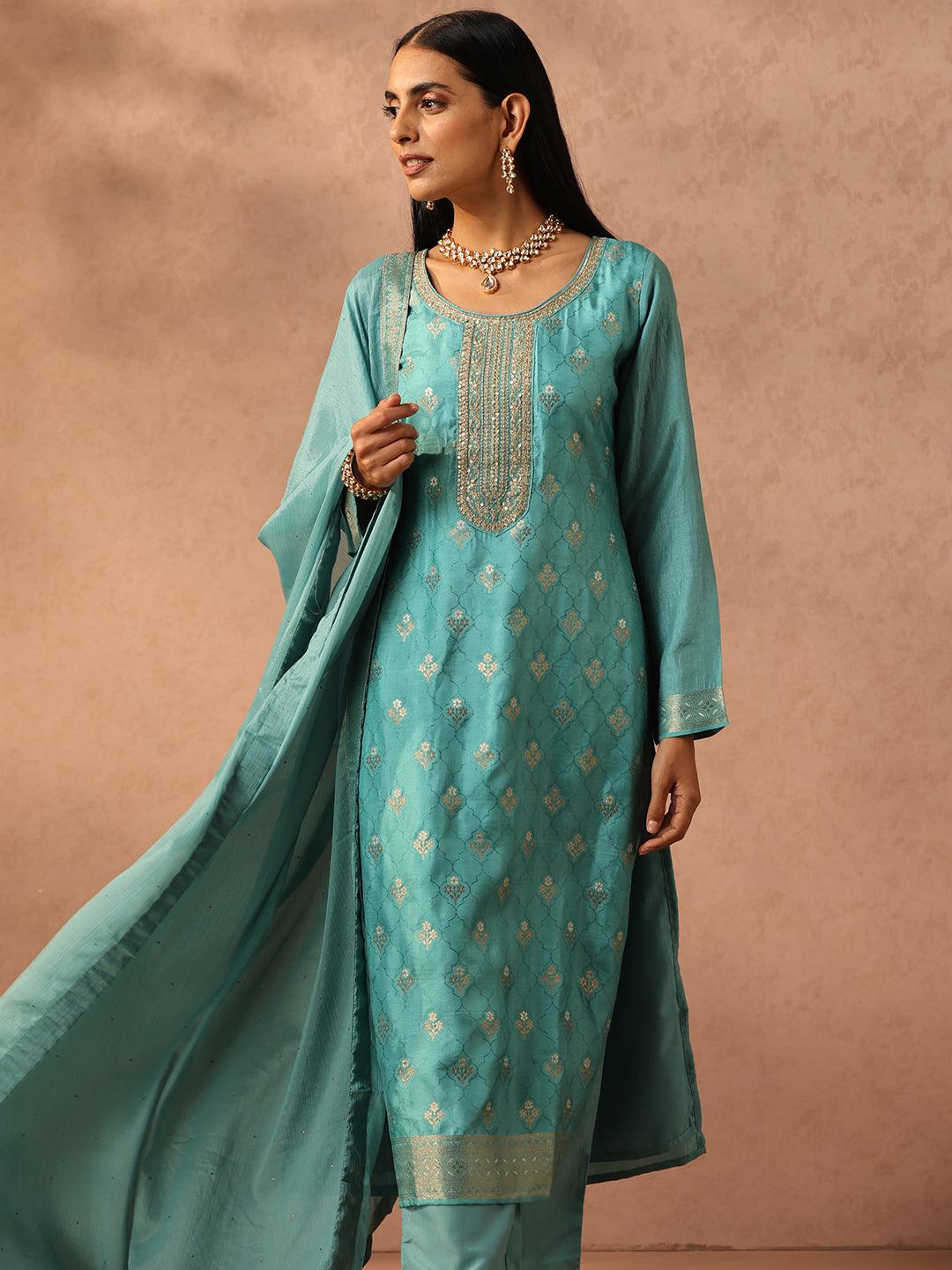 Sea Green Self Design Silk Blend Straight Suit Set With Trousers - Libas 