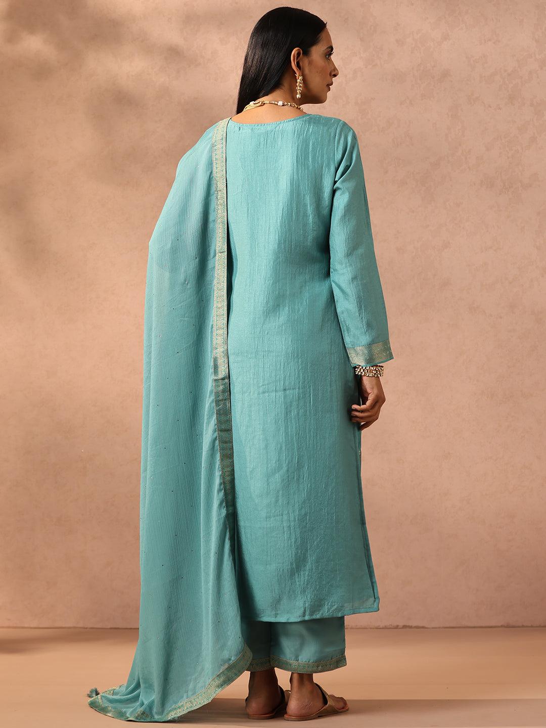 Sea Green Self Design Silk Blend Straight Suit Set With Trousers - Libas