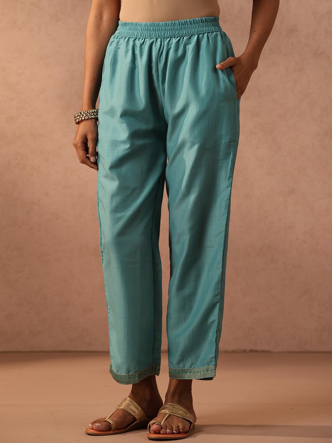 Sea Green Self Design Silk Blend Straight Suit Set With Trousers - Libas 