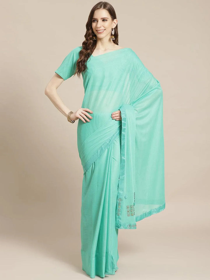 Sea Green Solid Polyester Saree - Libas