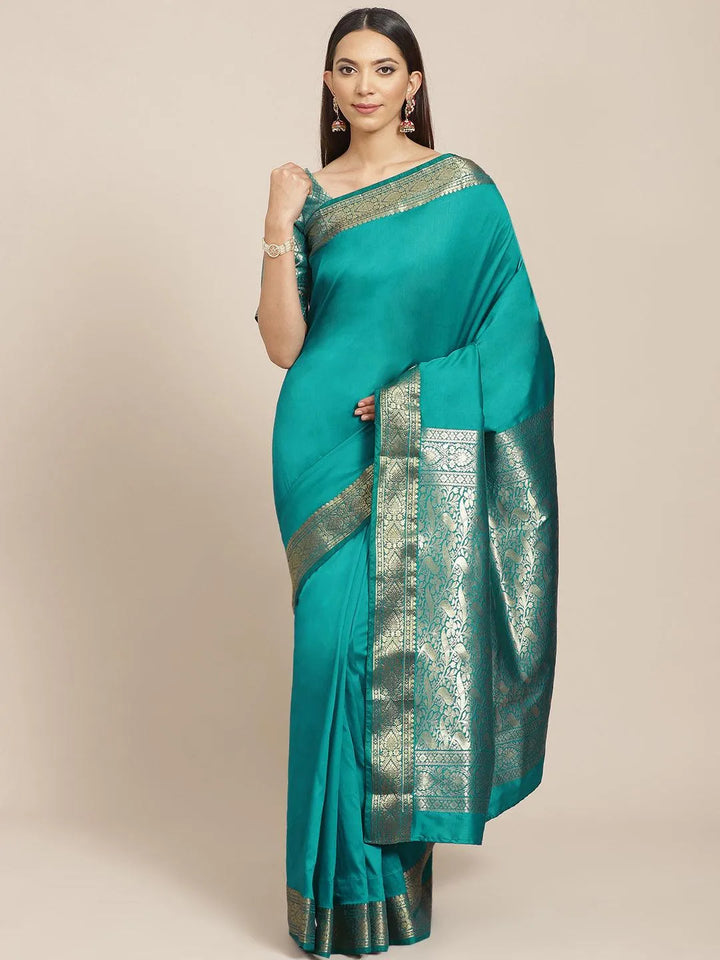 Sea Green Solid Silk Blend Saree - Libas