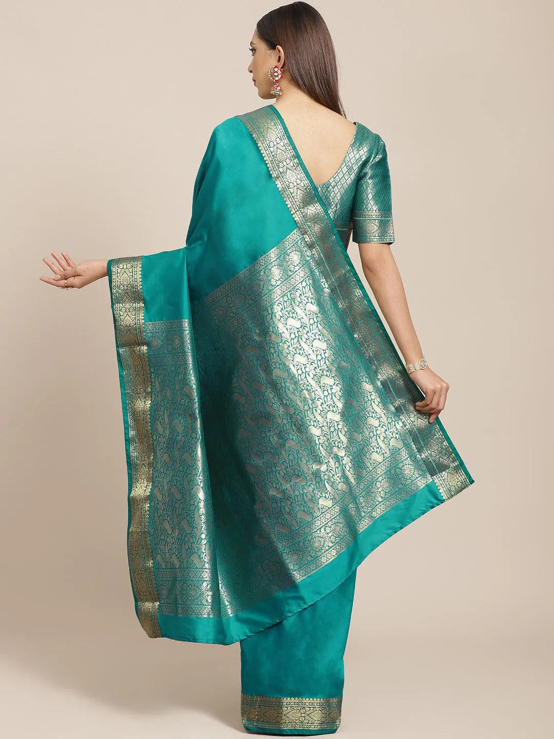 Sea Green Solid Silk Blend Saree - Libas