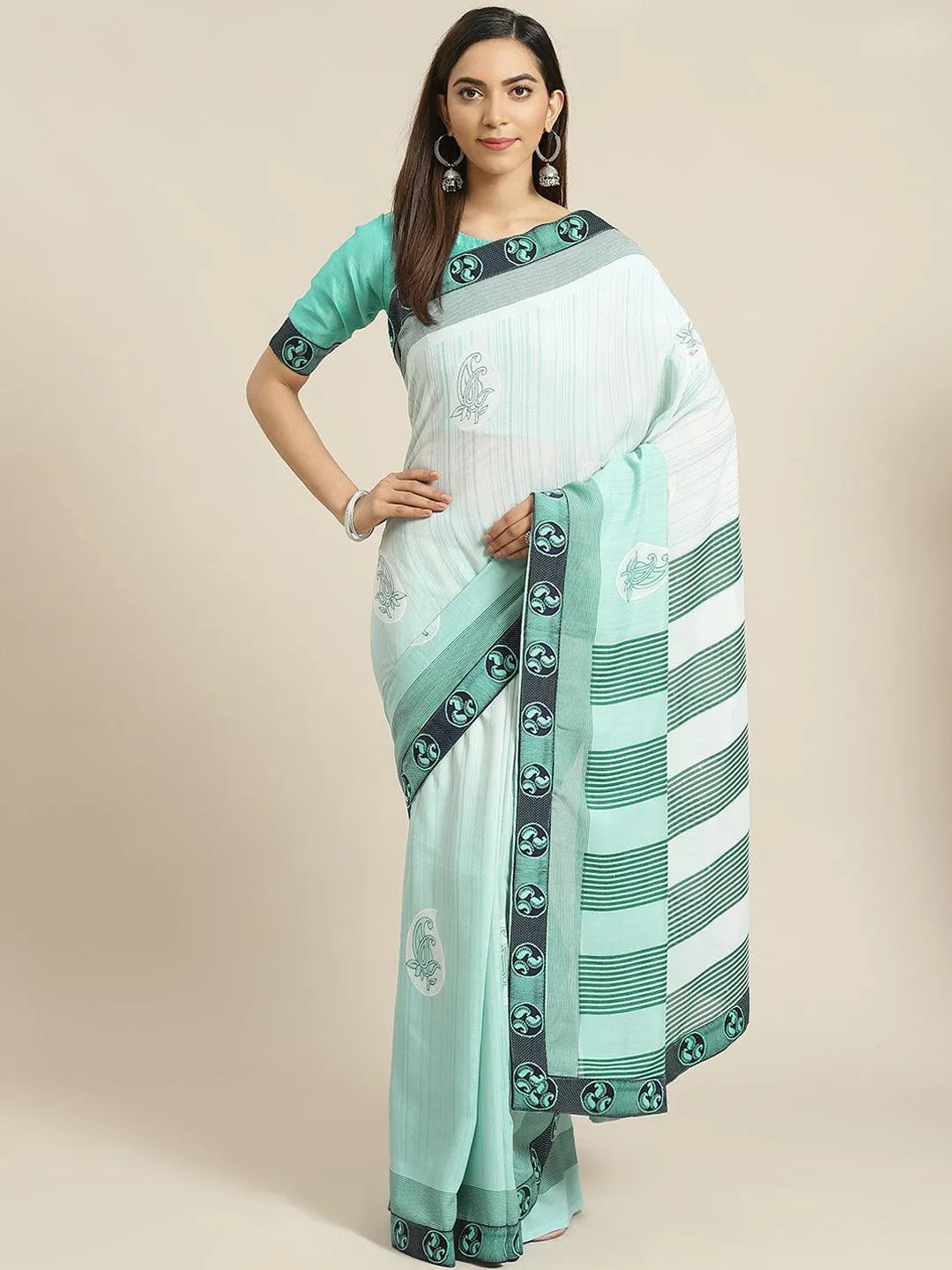 Sea Green Striped Chiffon Saree - Libas