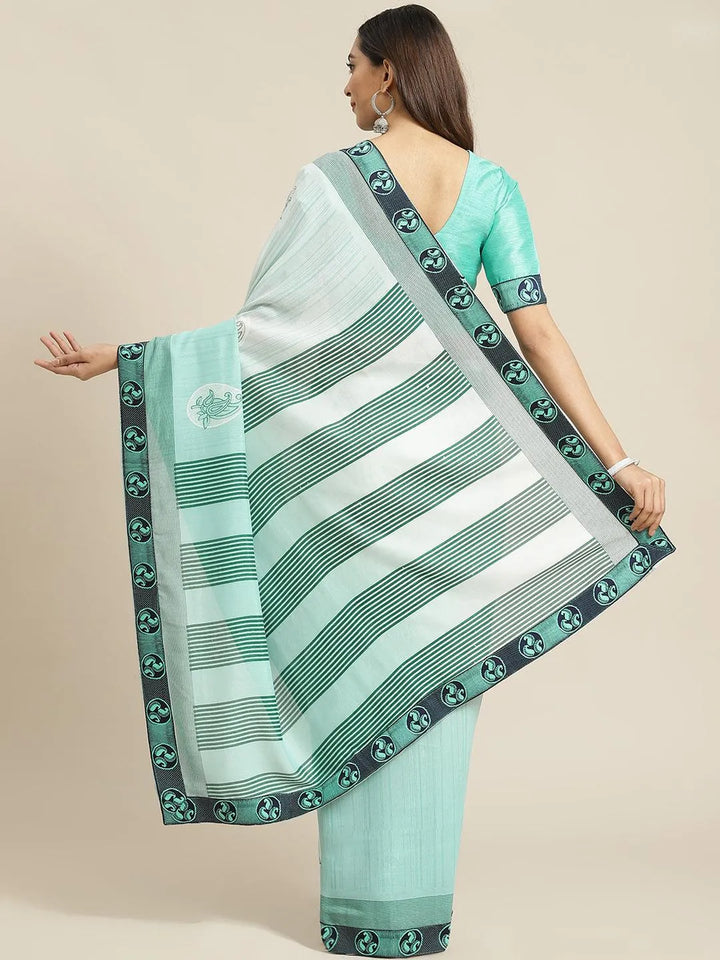 Sea Green Striped Chiffon Saree - Libas