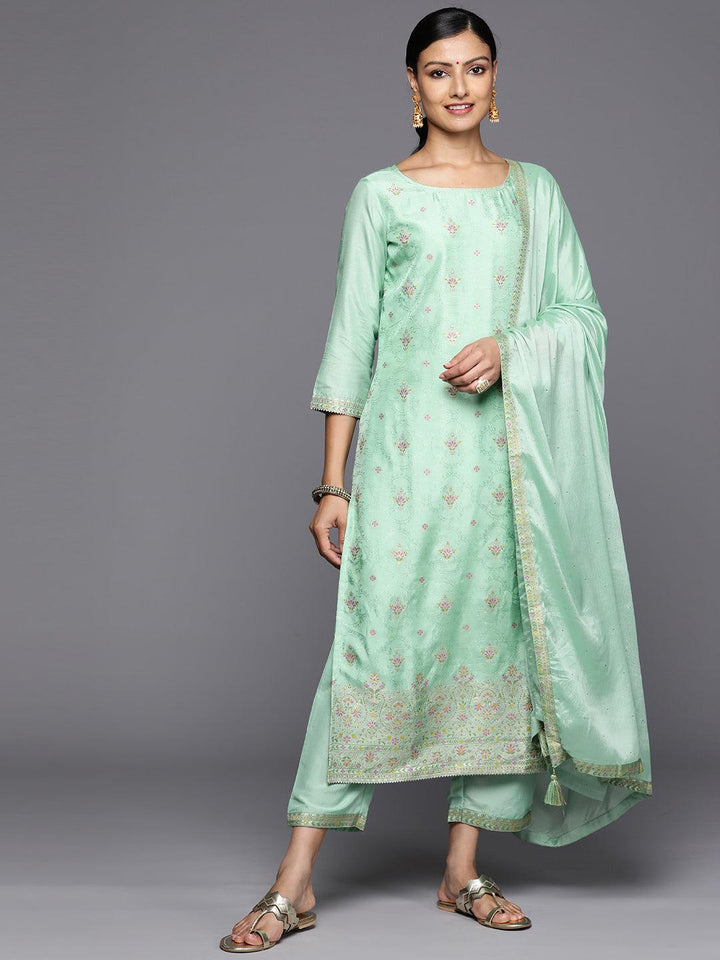 Sea Green Woven Design Silk Blend Straight Kurta With Trousers & Dupatta - Libas