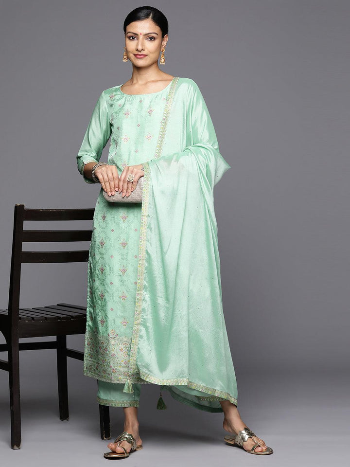 Sea Green Woven Design Silk Blend Straight Kurta With Trousers & Dupatta - Libas