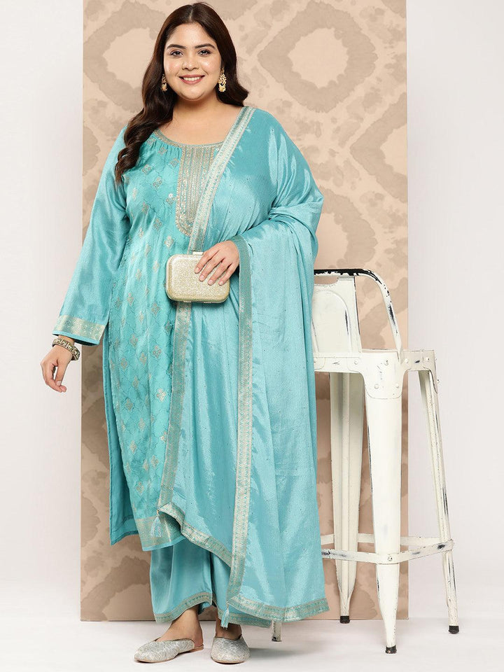 Sea Green Woven Design Silk Blend Straight Kurta With Trousers and Dupatta - Libas